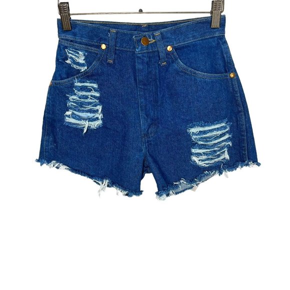 Wrangler Cowboy Cut Slim Fit Dark Blue Distressed Ripped Cut Off Shorts Size 3